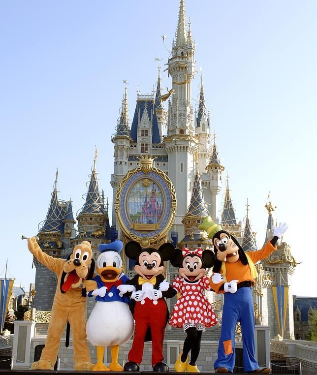 Mickey, Minnie, Donald, Pluto y Goofy frente al castillo